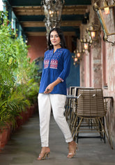 Blue Solid Cotton Short Tunic With Thread & Mirror Work-J4761BLUE